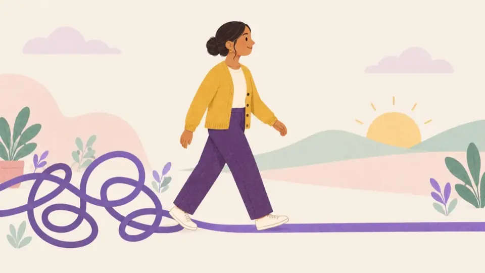 Priya stepping out of a loop onto a straight path