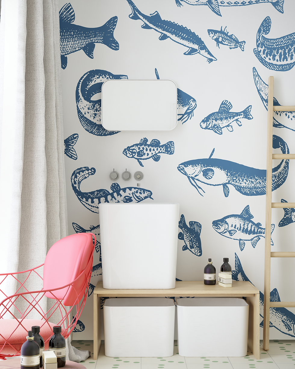 Рыбы синие, wallpaper bathroom The O, обои для ванной