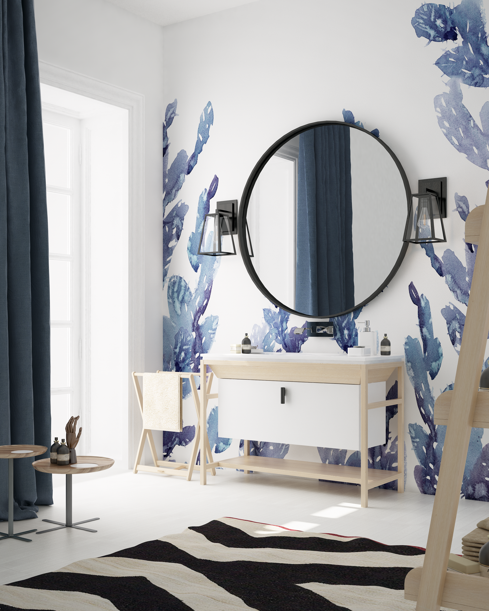 Синие Обои Кактусы, wallpaper bathroom The O, обои для ванной