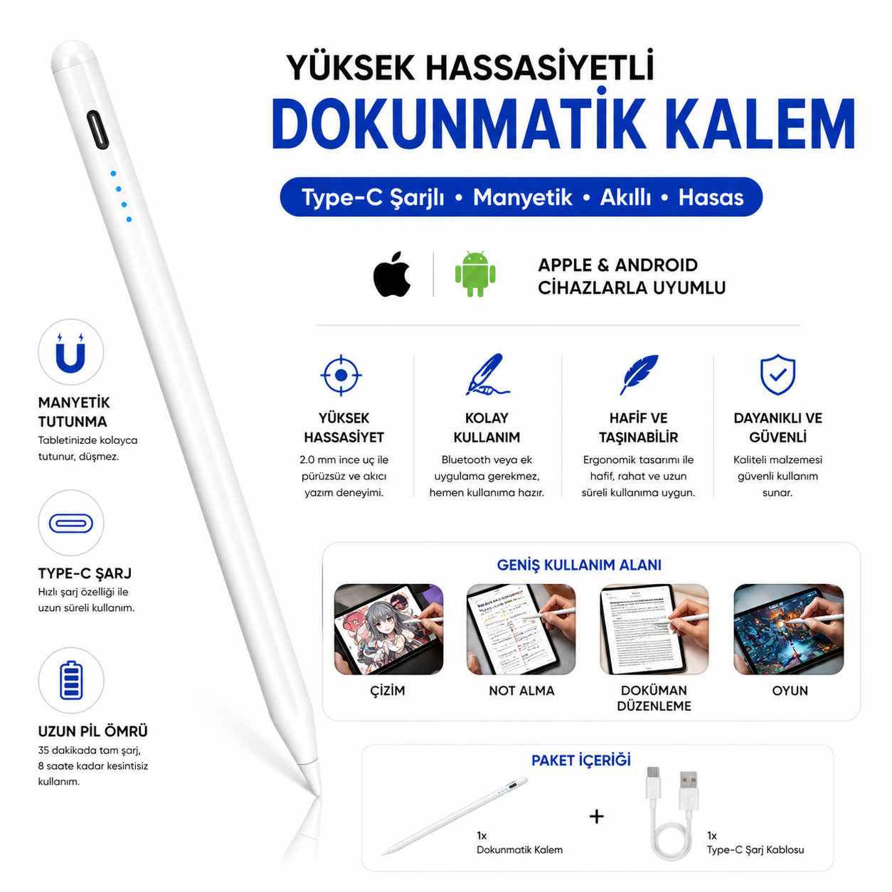 Manyetik Şarjlı Stylus Kalem Type-C Şarjlı Tablet Kalemi Hassas Uçlu Dokunmatik