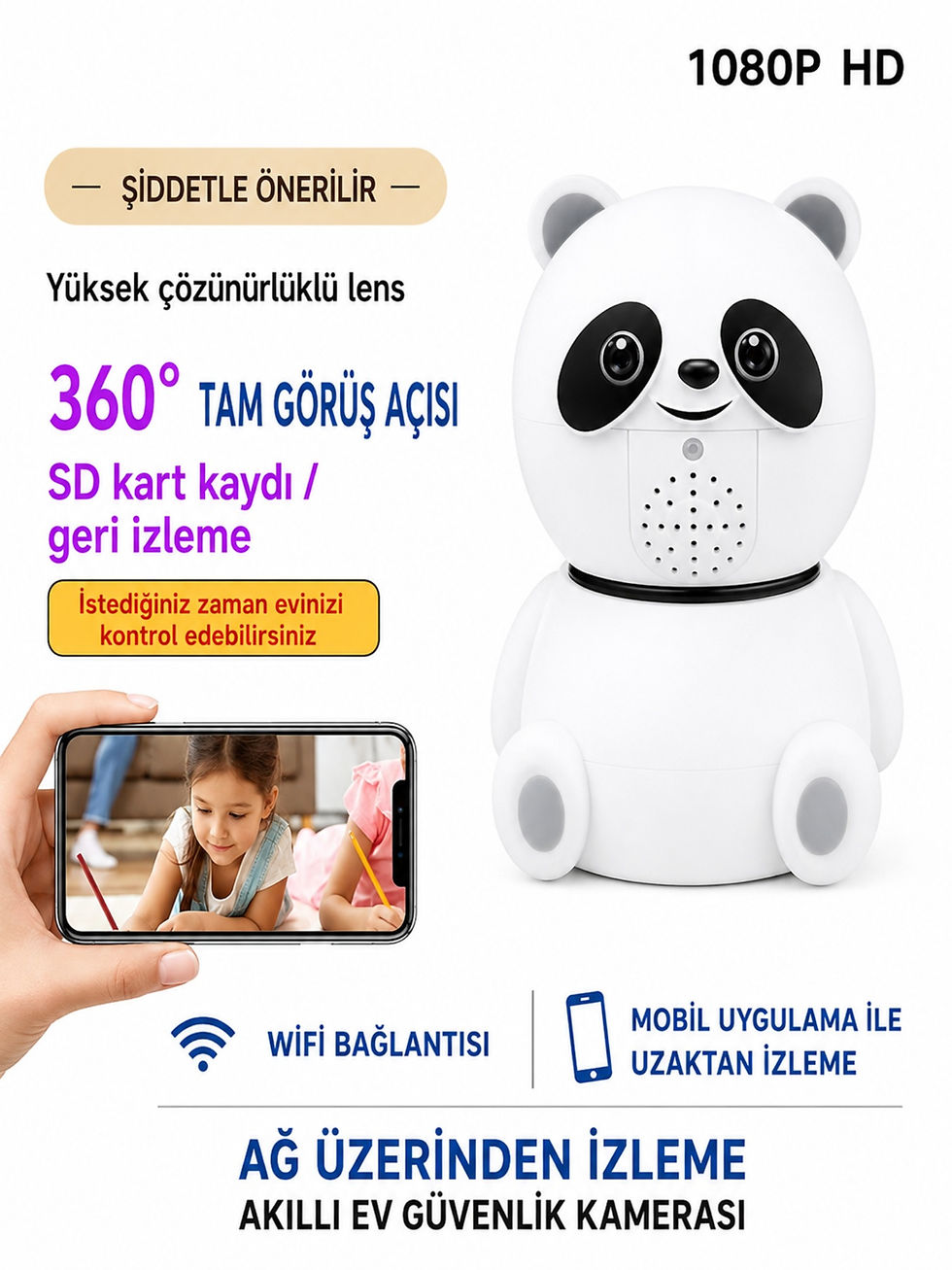 Küçük resim: 360° Dönebilen Gece Görüşlü Panda Bebek Kamerası WiFi Akıllı Güvenlik Kamerası