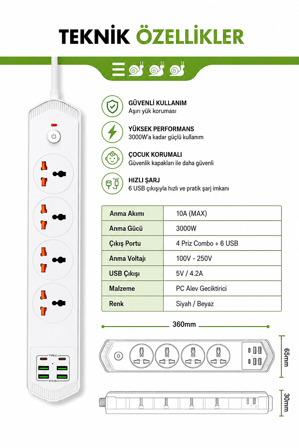Küçük resim: Çoklu Priz 10 Girişli 4+4 USB 2 Type-C 2M Kablolu Akım Korumalı Anahtarlı Uzatma