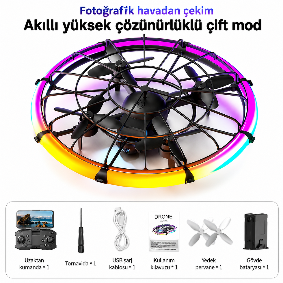 Küçük resim: UFO Tasarımlı RGB LED Işıklı HD Kameralı Drone Koruma Kafesli