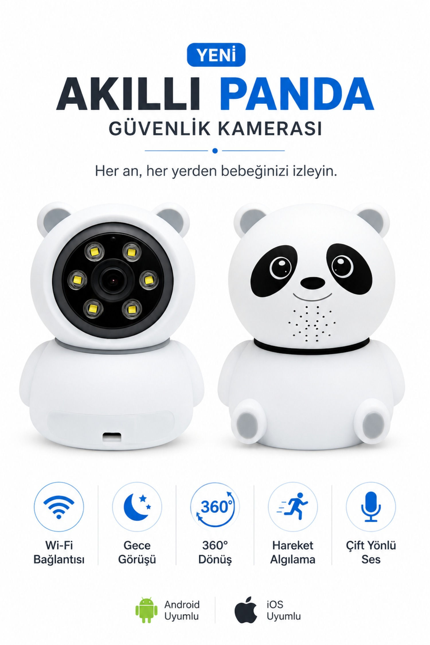 360° Dönebilen Gece Görüşlü Panda Bebek Kamerası WiFi Akıllı Güvenlik Kamerası
