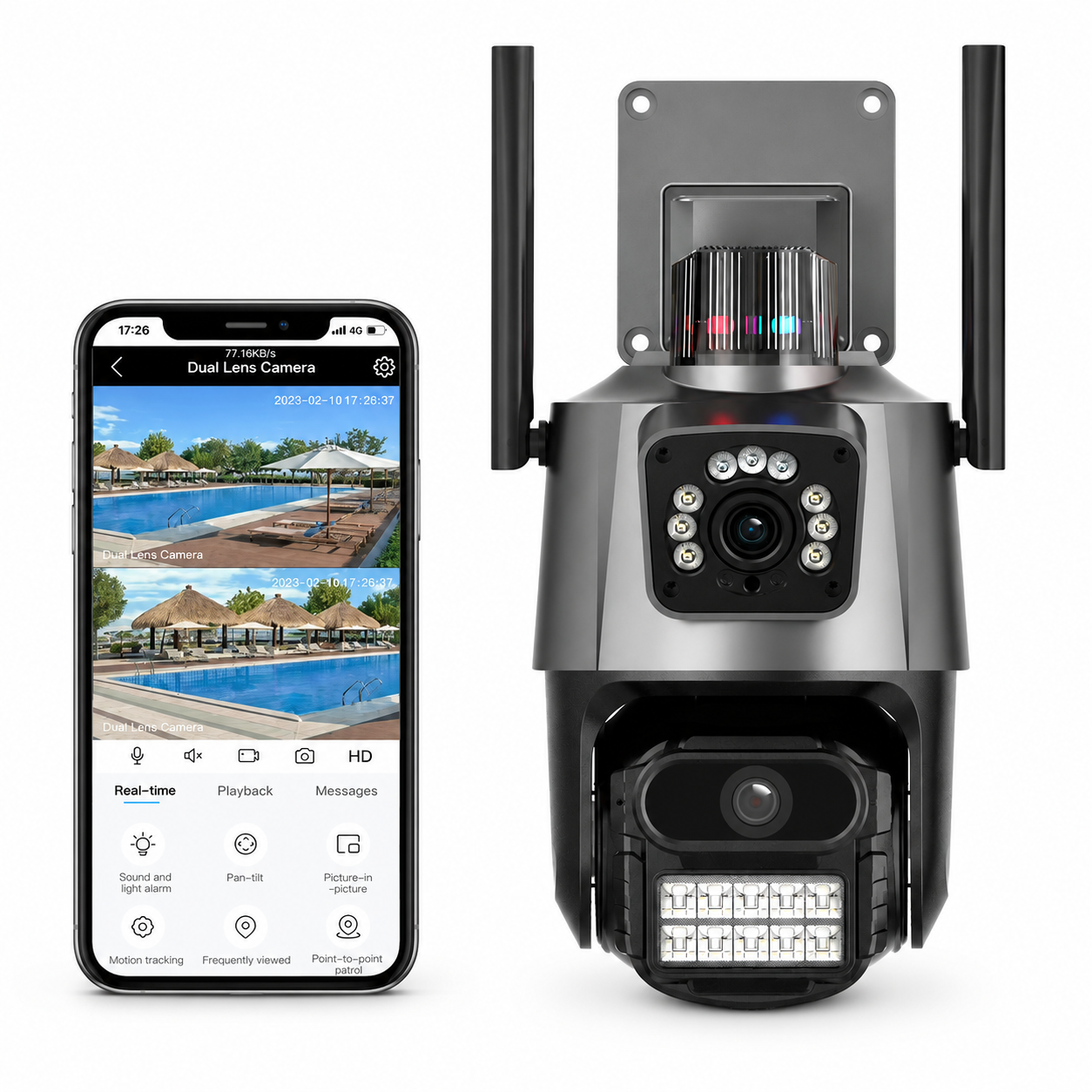 8MP Çift Lens PTZ WiFi Güvenlik Kamerası IP65 Su Geçirmez İnsan Algılama Sesli