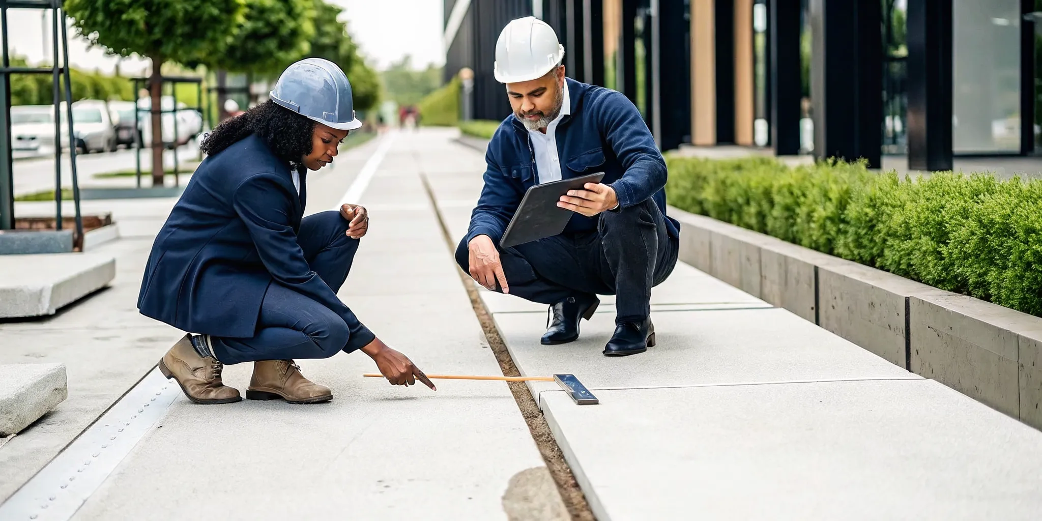 Property manager documenting an uneven sidewalk before trip hazard removal