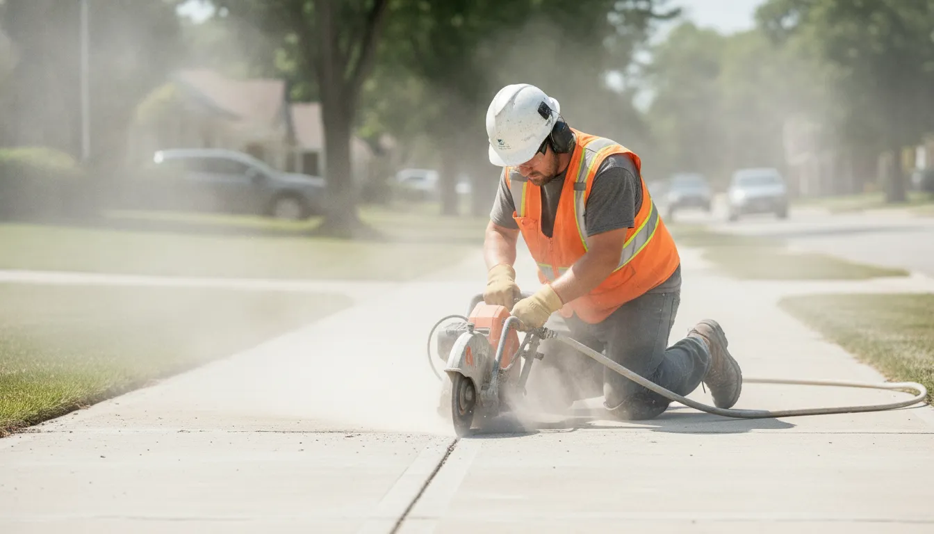 Precision concrete cutting contractor removing a raised sidewalk joint on an HOA pathway