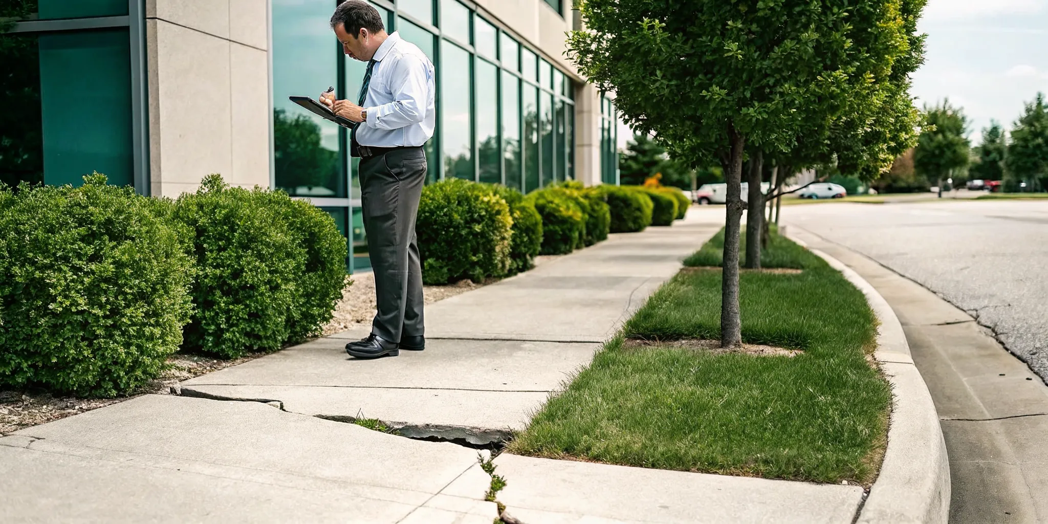 Property manager inspecting a cracked commercial sidewalk with safety clipboard and measurement tools