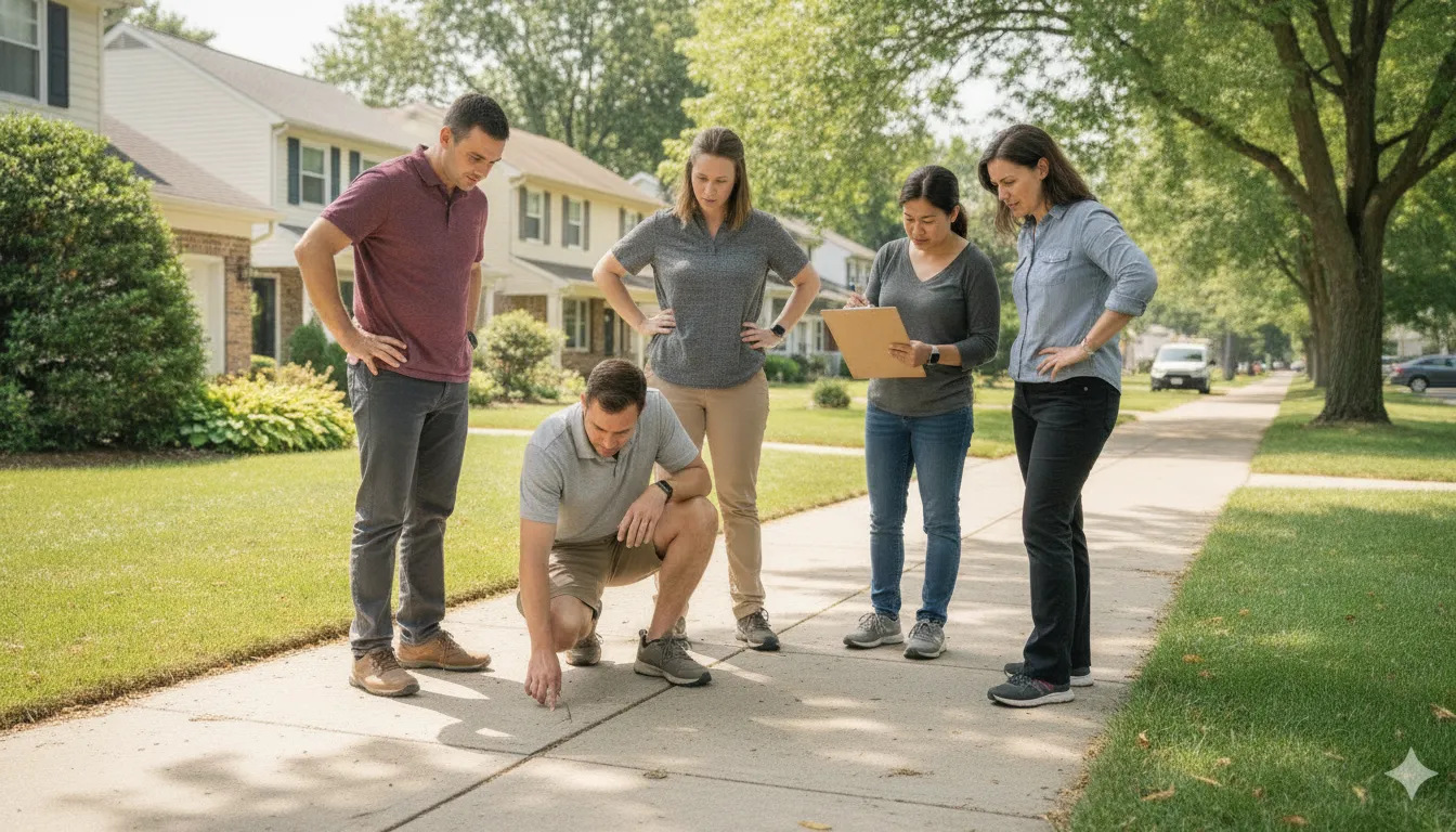 HOA board members inspecting a community sidewalk for trip hazards and ADA compliance