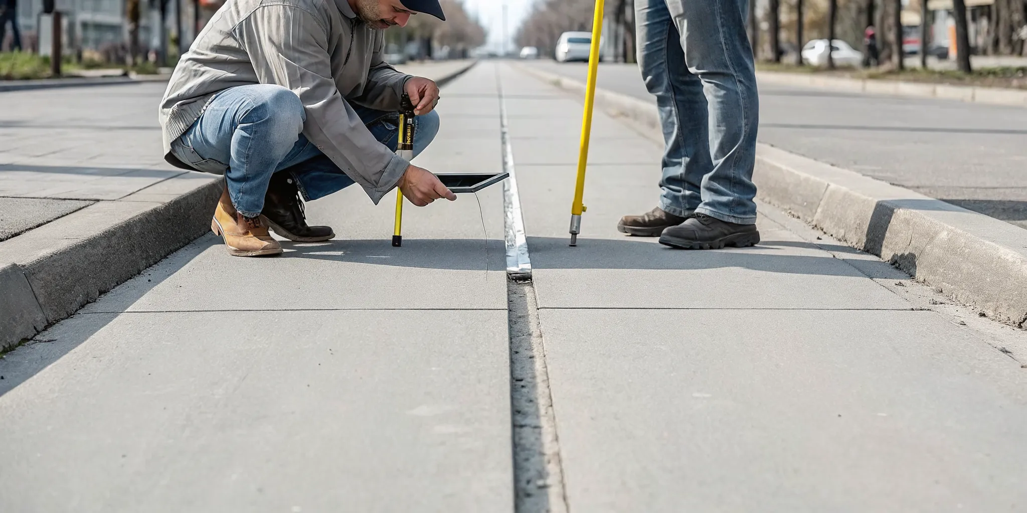 Inspector documenting a raised sidewalk hazard before a repair project