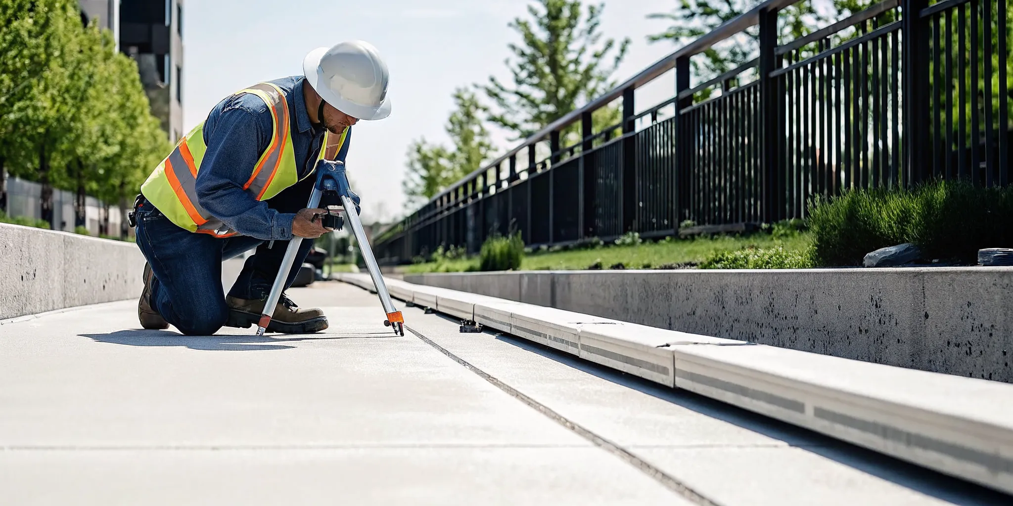 Professional sidewalk inspector checking repair running slope with digital level tool