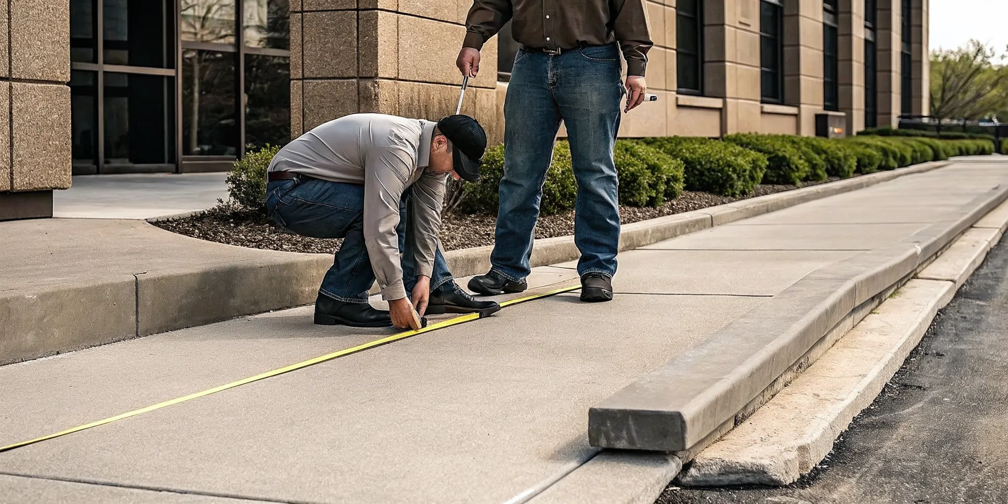 Property manager measuring a sidewalk trip hazard during a safety audit