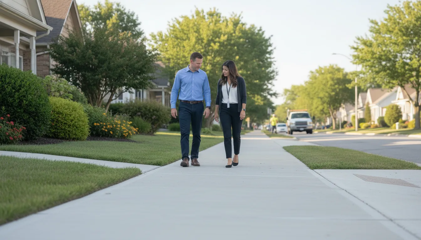 HOA board and property manager assessing sidewalk conditions for reserve planning