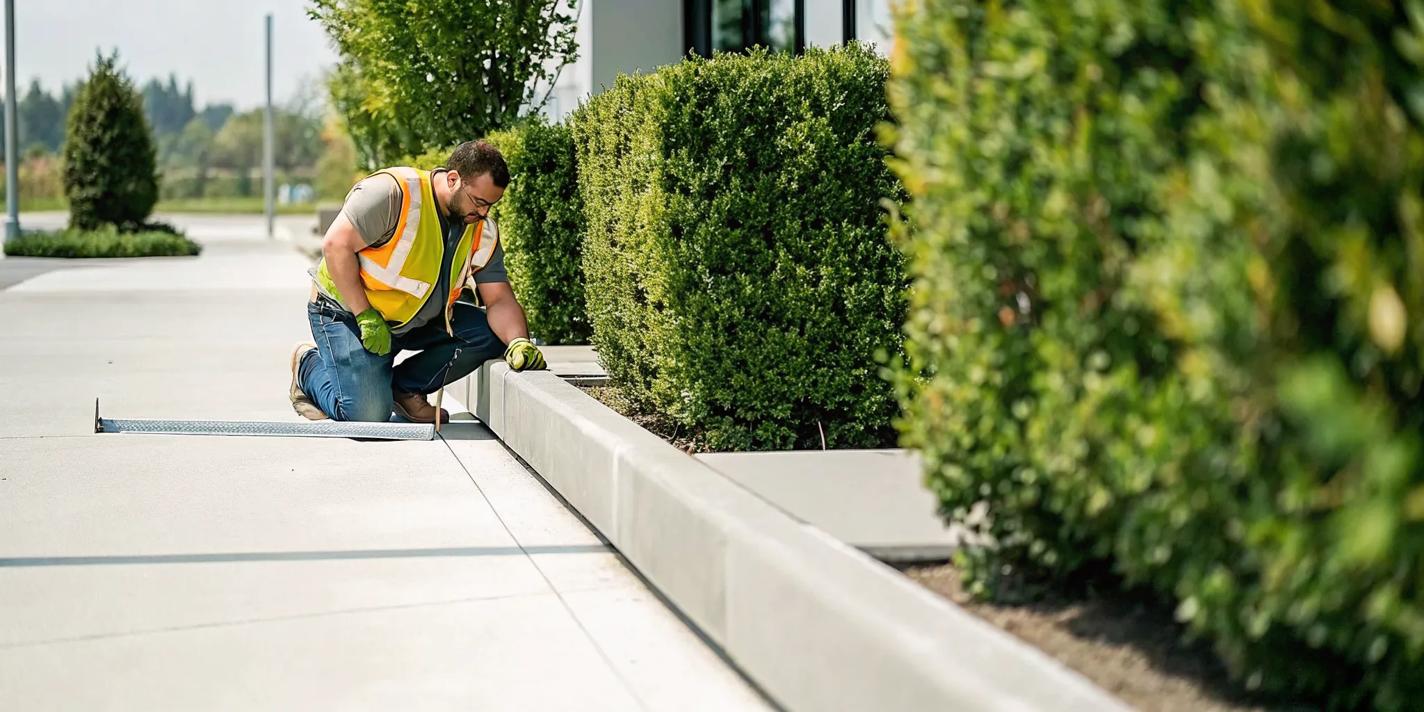 Technician inspecting a concrete curb ramp transition where sidewalk panels meet