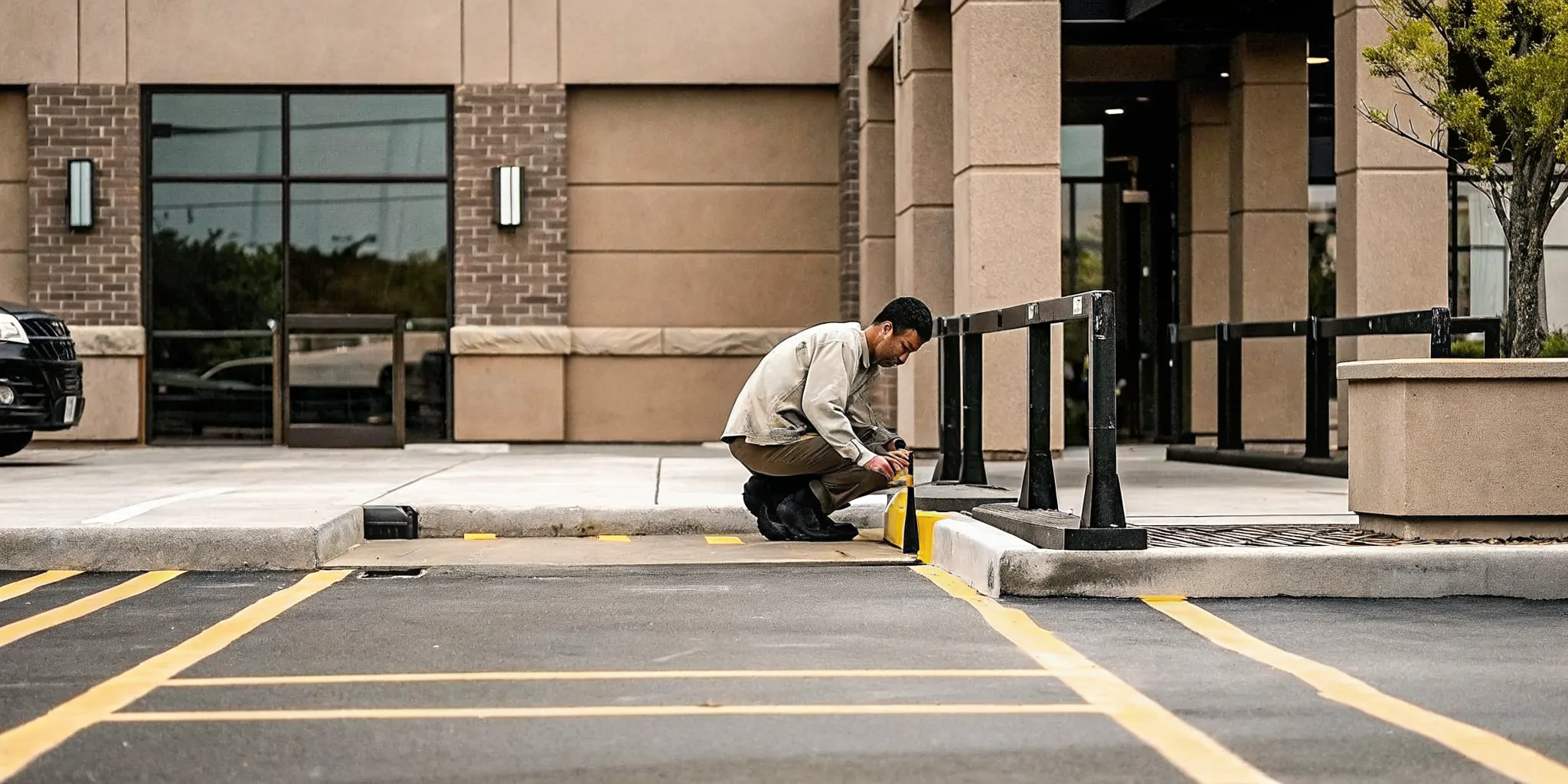 Property manager measuring the raised edge of a concrete sidewalk panel with a digital level