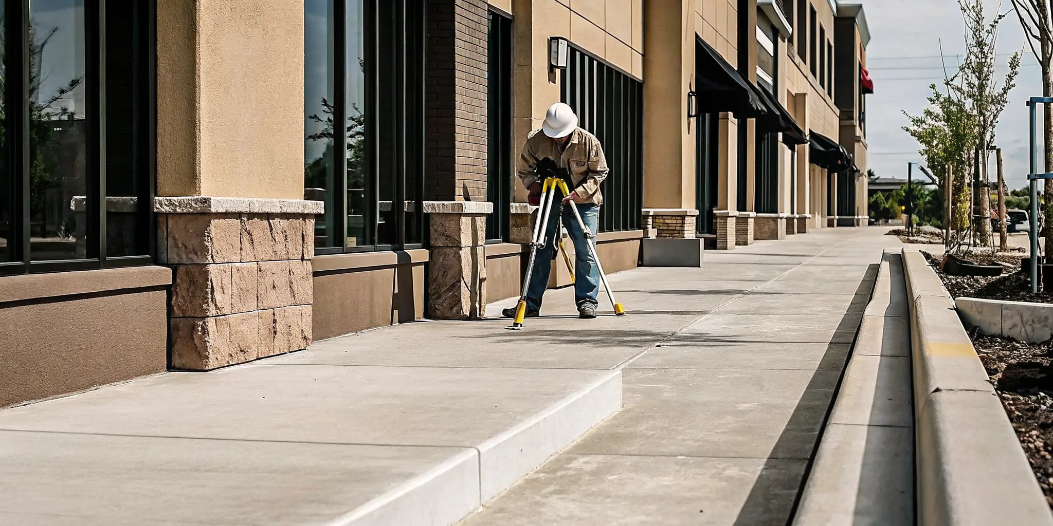 Property manager using a digital level to measure sidewalk cross slope during an ADA compliance inspection