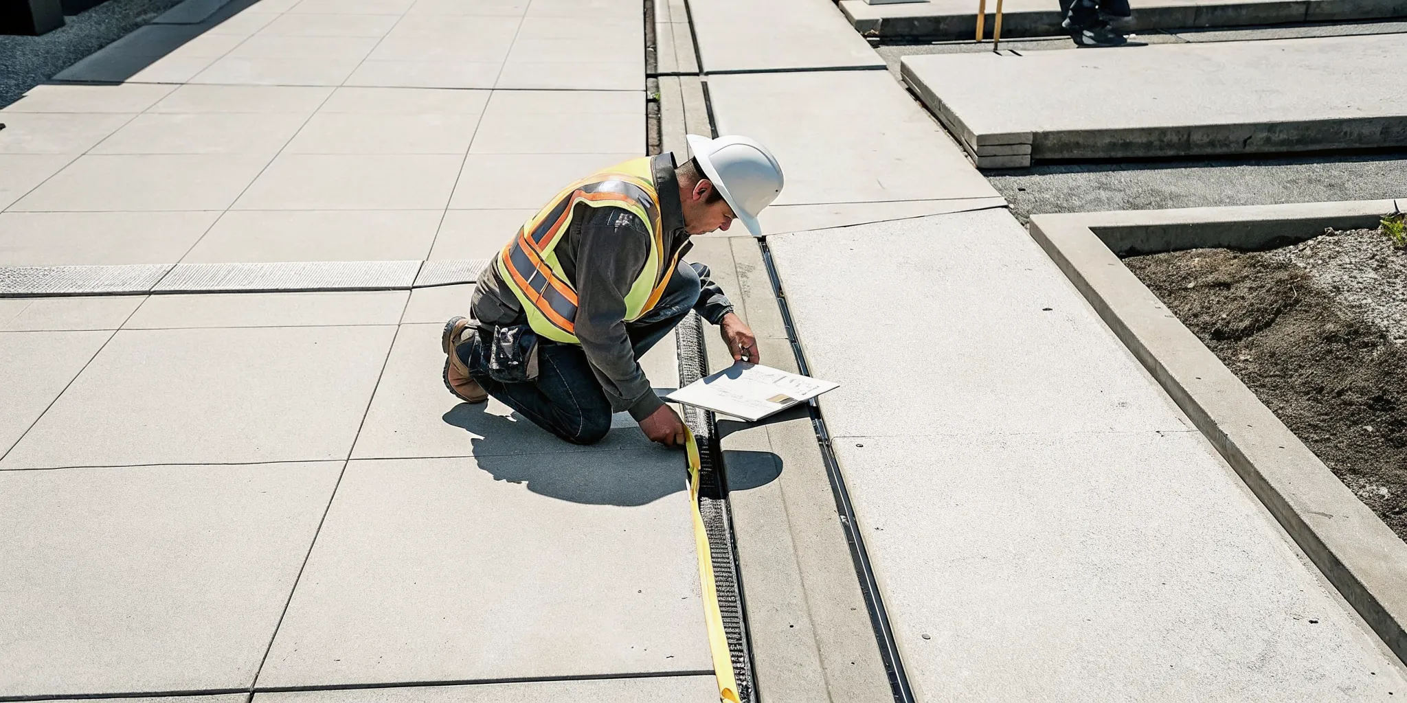 Sidewalk inspector photographing and measuring a raised concrete trip hazard