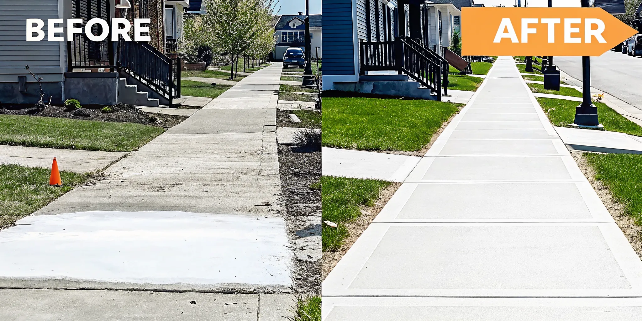 Concrete cutting equipment repairing a raised sidewalk trip hazard in a residential HOA community