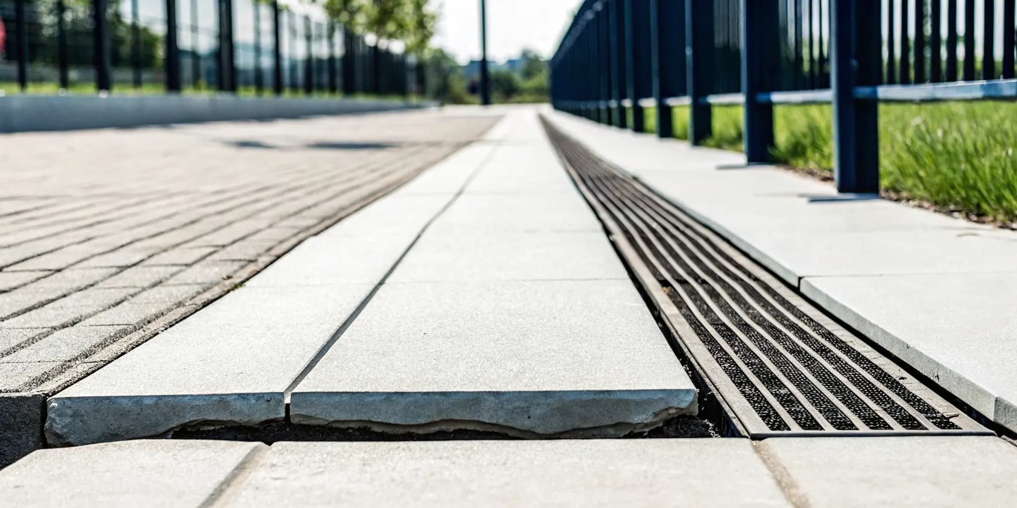 Close up of raised concrete sidewalk panel joint showing a trip hazard caused by vertical displacement