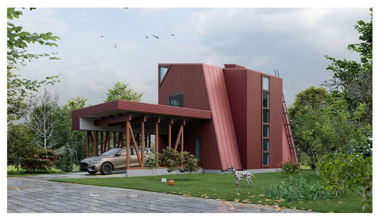 特徴的な形状の注文住宅パース｜木柱のカーポートと芝生の庭を備えた建築CG