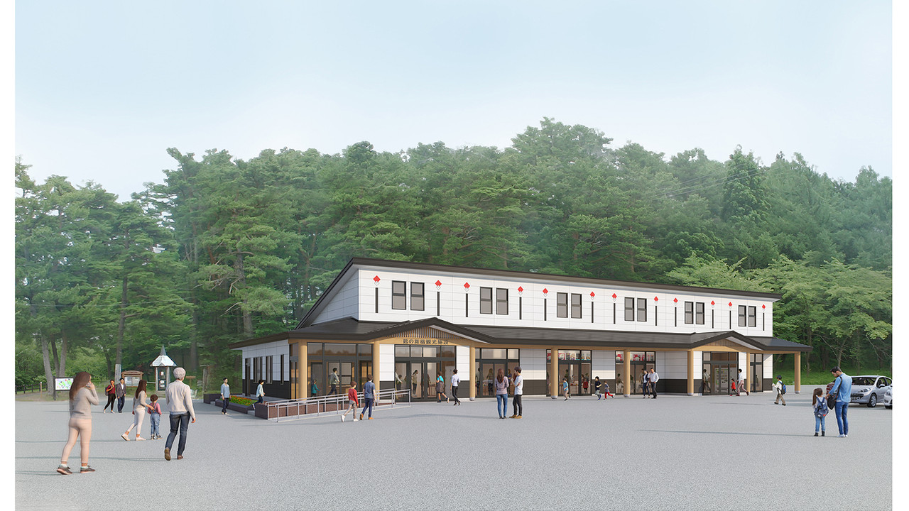 自然豊かな森林エリアに建つ観光施設の建築CGパース|物産館・観光案内所・休憩機能を備えた地域交流拠点