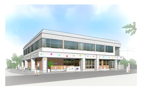 カラフルな装飾が施された現代的な2階建て保育園の外観パース。園児たちが建物の周囲で遊ぶ様子が描かれている。
