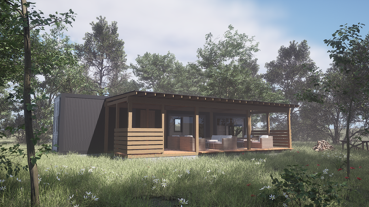 自然に囲まれた平屋住宅の建築CGパース｜ウッドデッキ付きのシンプルなロッジ
