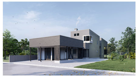 直線的なフォルムとルーバーが特徴の現代的な戸建住宅の建築CGパース｜グレーを基調としたスタイリッシュな外観デザイン
