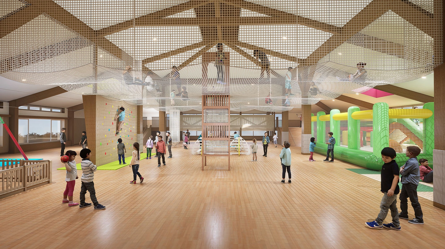 室内遊具を備えた保育園のインドアプレイグラウンド｜建築内観CGパース