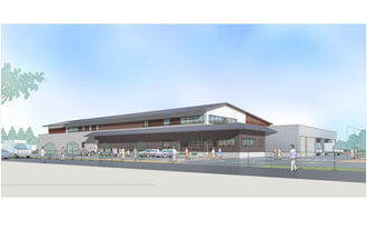 木造風の意匠が特徴的な近代的給食センターの外観パース。駐車場や搬入口を備え、衛生的かつ機能的な施設計画が示されている。