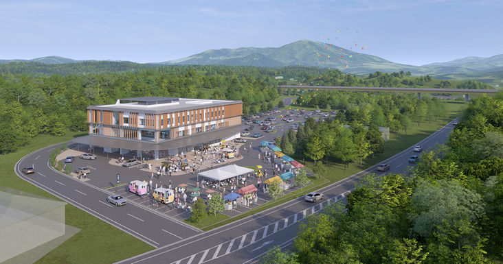 イベント広場と大駐車場を備えた新庁舎の建築鳥瞰CGパース｜地域交流と行政機能を融合した複合公共施設