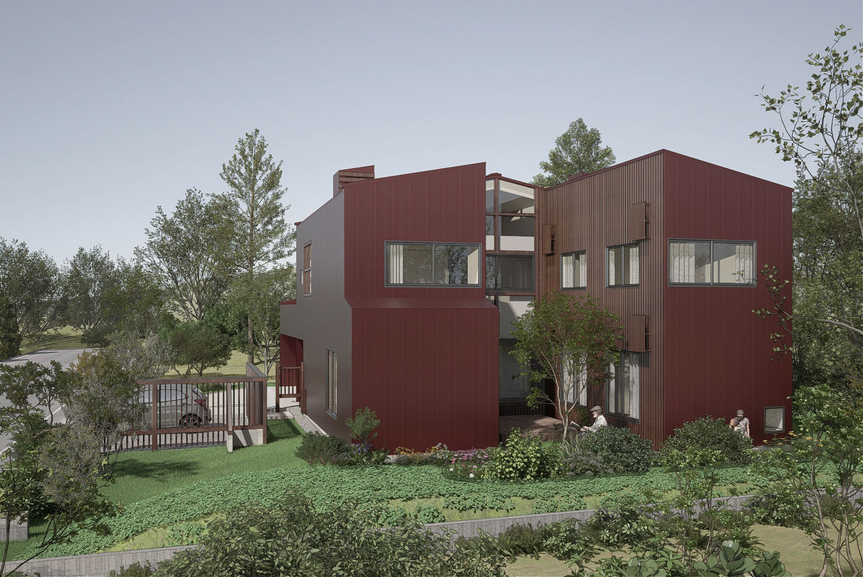 傾斜地に建つ赤い外壁の集合住宅建築CG｜中庭と植栽に囲まれた環境配慮型の設計