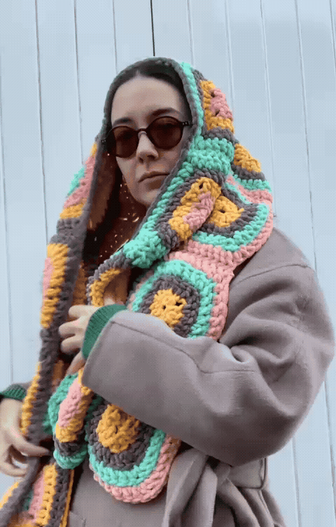 Scarf design, made by granny squares.