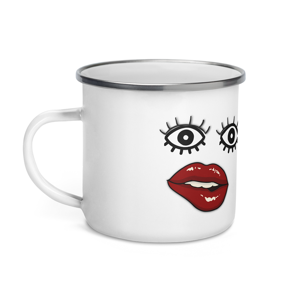 SURPRISED WHITE ENAMEL MUG WITH SILVER RIM AND SURPRISED WOMAN'S EYES AND PURSED LIPS ON IT