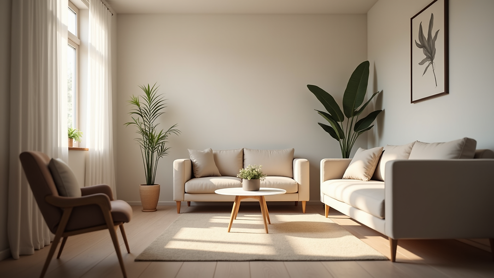Eye-level view of a serene counseling room with soft lighting and comfortable seating