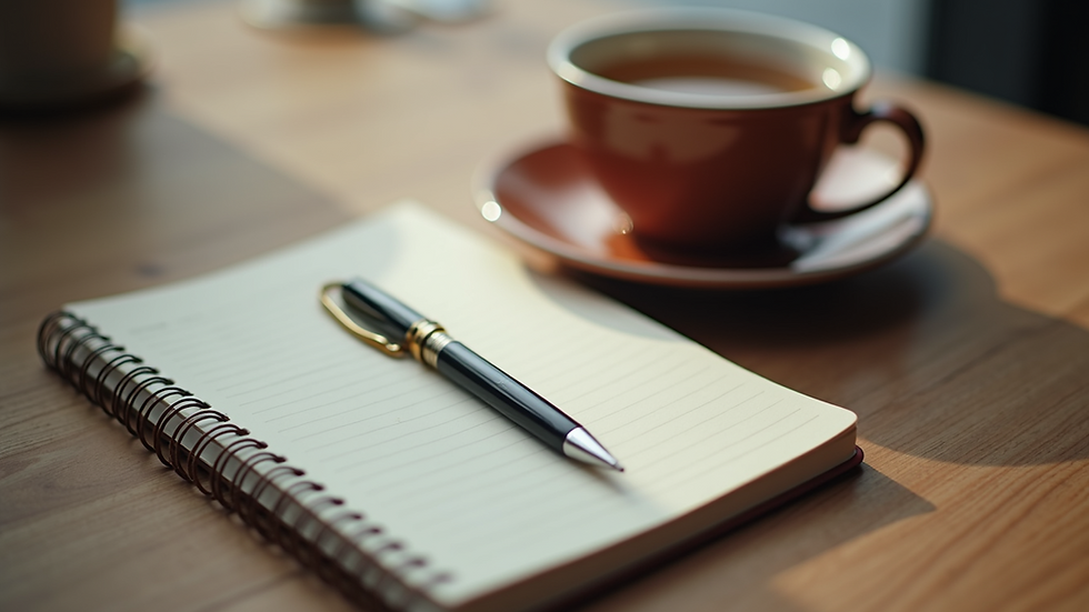 High angle view of a journal, pen, and cup of tea on a wooden table