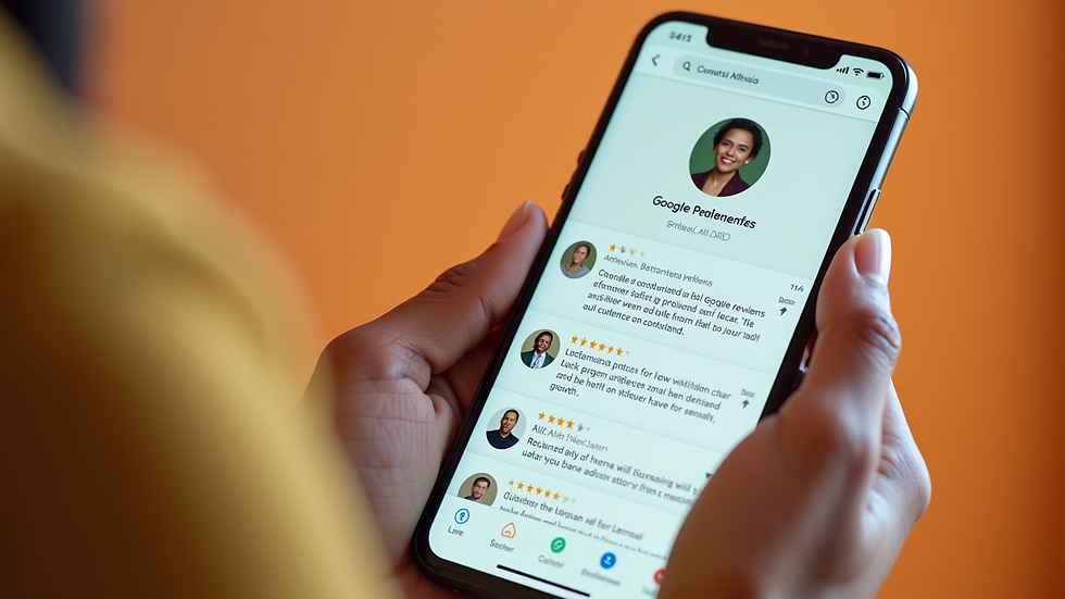 Close-up view of a smartphone displaying customer reviews on a Google Business Profile
