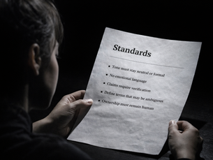 Person reviewing written standards on paper in low light, representing human oversight in AI-assisted writing.