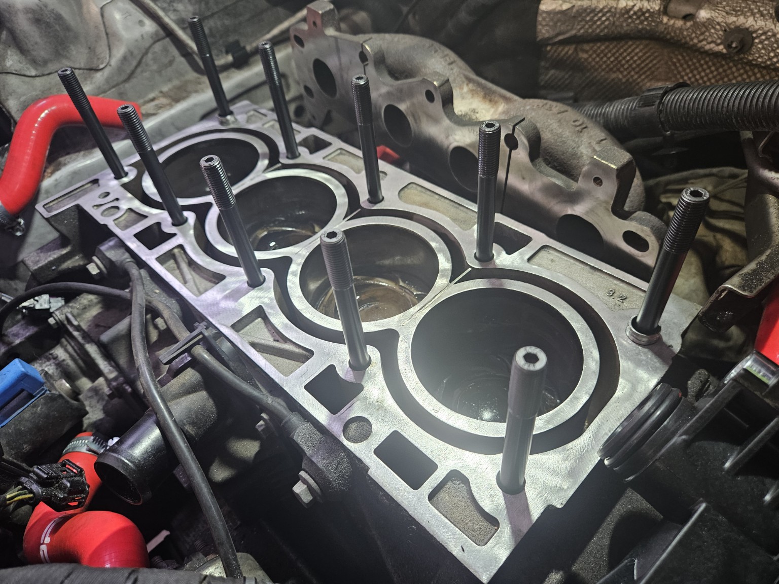 Exposed cylinder bores during engine inspection