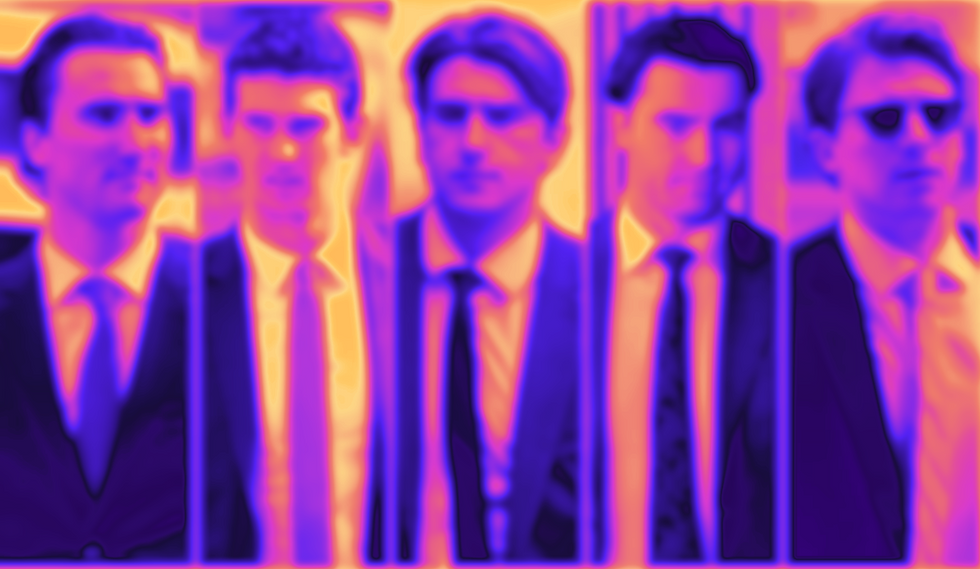 A blurry photo negative of five men in suits