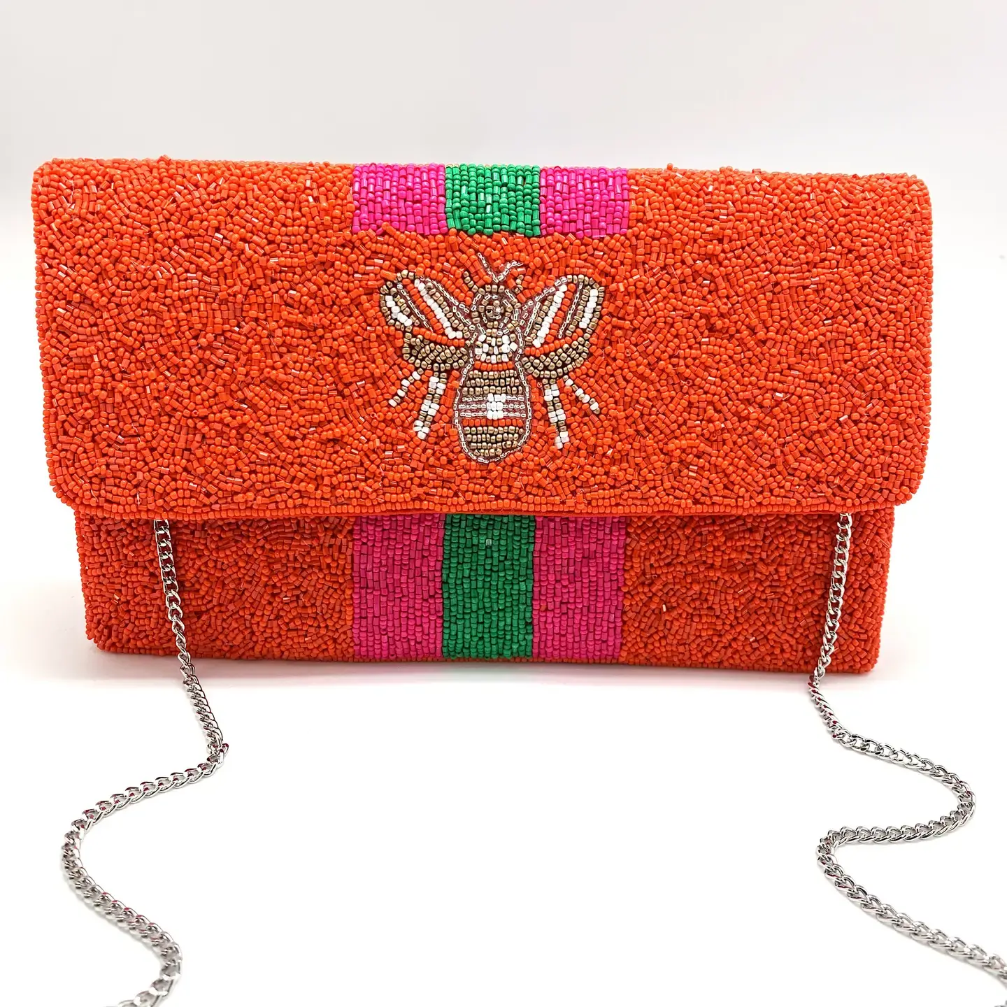 Orange Beaded Bee Clutch w/ Pink & Green Stripe