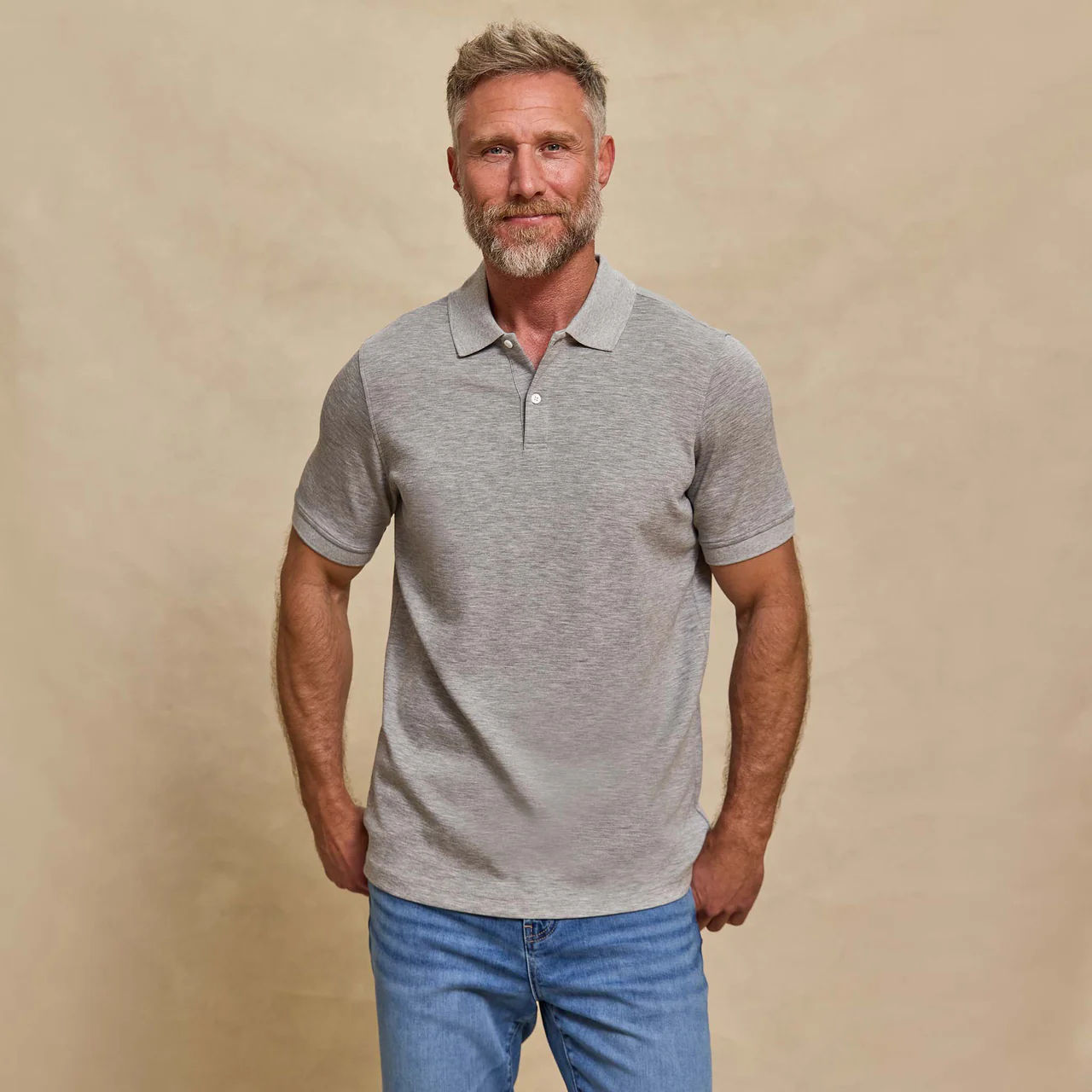 RYE51-THE YATES-SAND WASHED DOUBLE KNIT POLO-HEATHER GREY