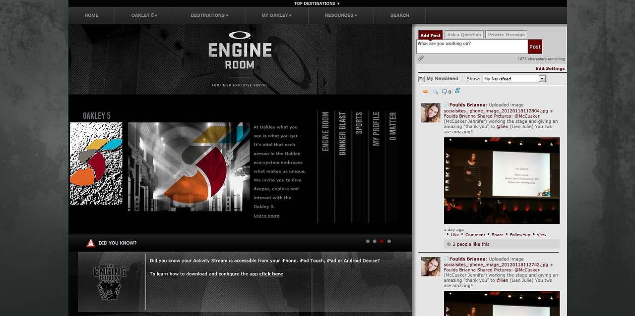 Intranet layout titled "engine room"