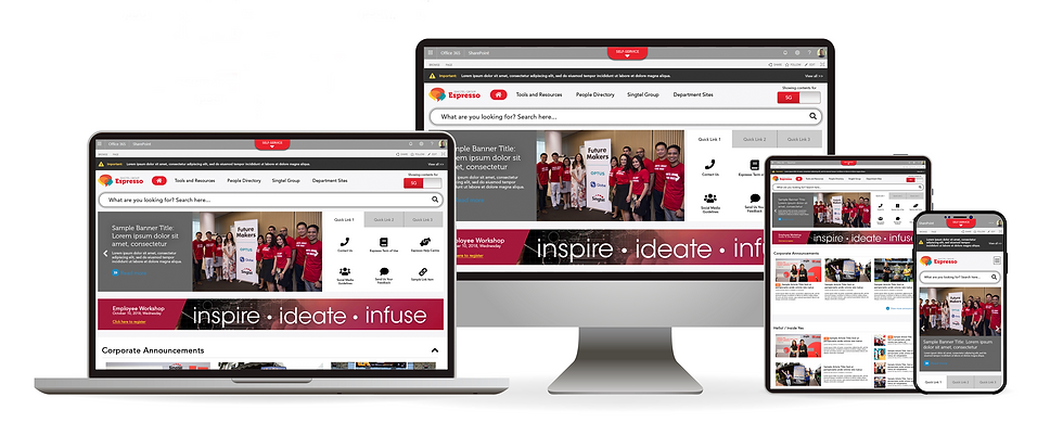 Mockup on a laptop, desktop, tablet, and mobile of Synergy-designed Singtel Espresso intranet layout.