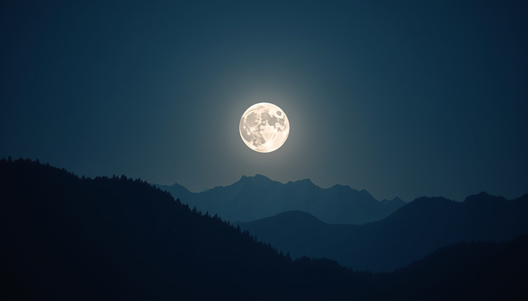 Eye-level view of a bright full moon rising over a vast mountain range at night
