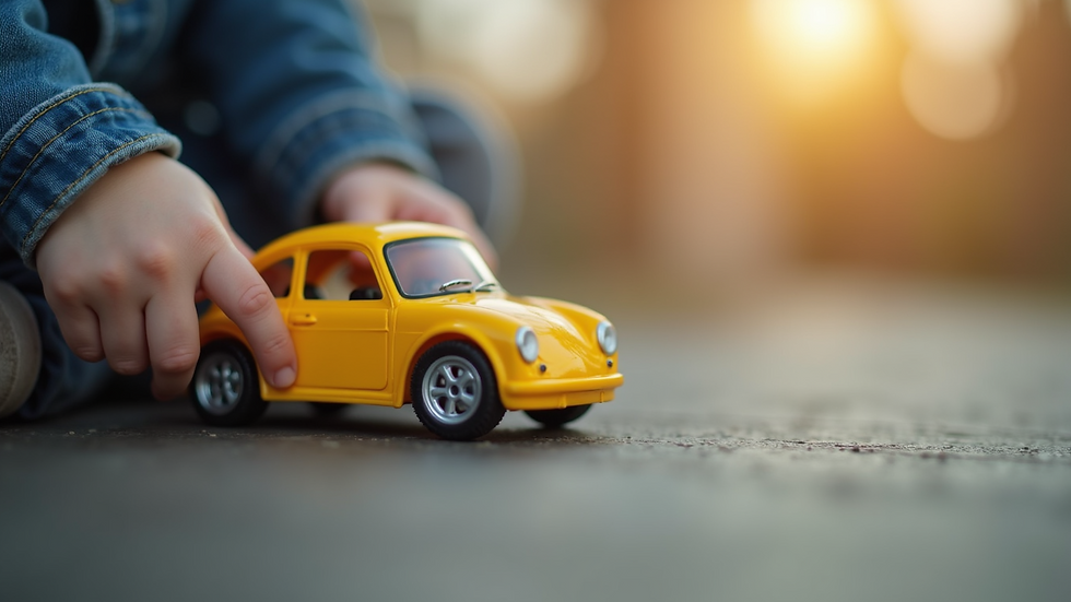 Close-up view of a child’s hand holding a clean, second-hand toy car