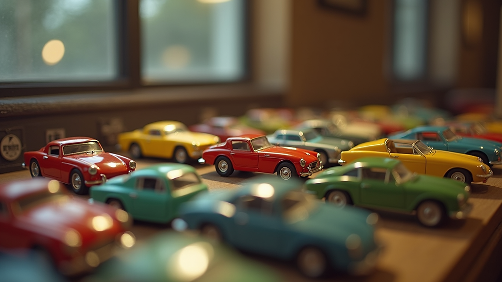 Eye-level view of a collection of vintage Matchbox cars in a display case