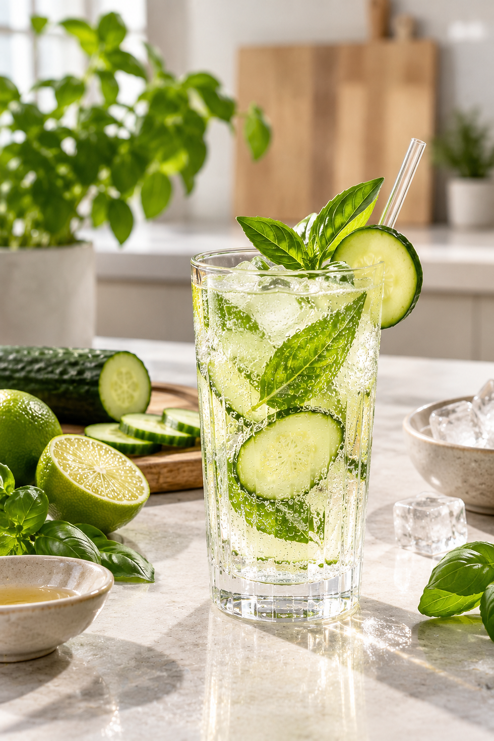 Mocktail Recipe: Cucumber, Basil, and Mint with Sparkling Mineral Water