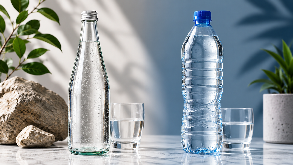 Wasser in Glasflasche und Wasser in PET Flasche