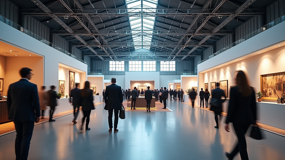 Wide angle view of bustling exhibition hall at property show